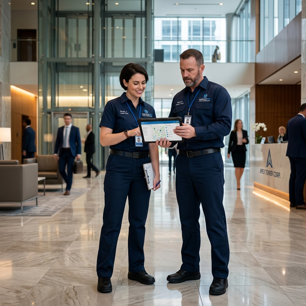Commercial surface care technicians using a tablet