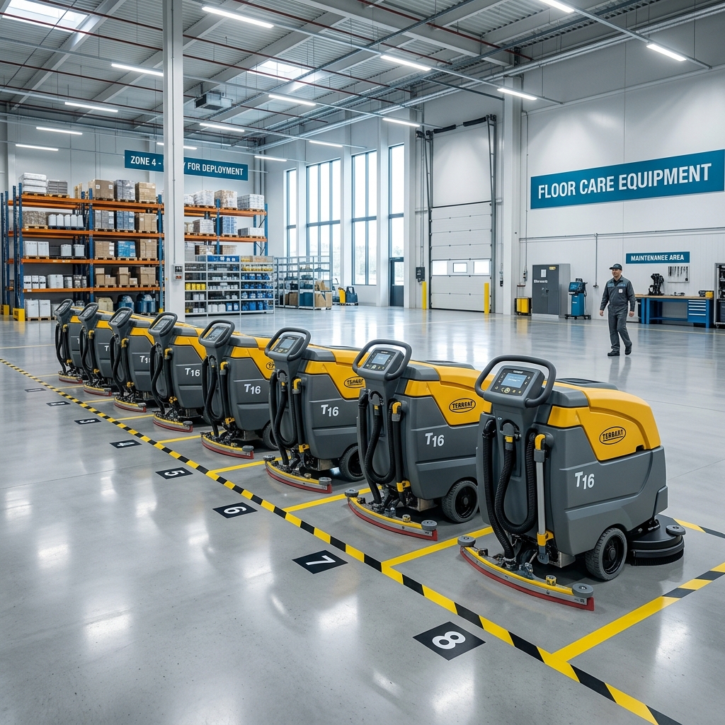 Commercial floor cleaning machines lined up