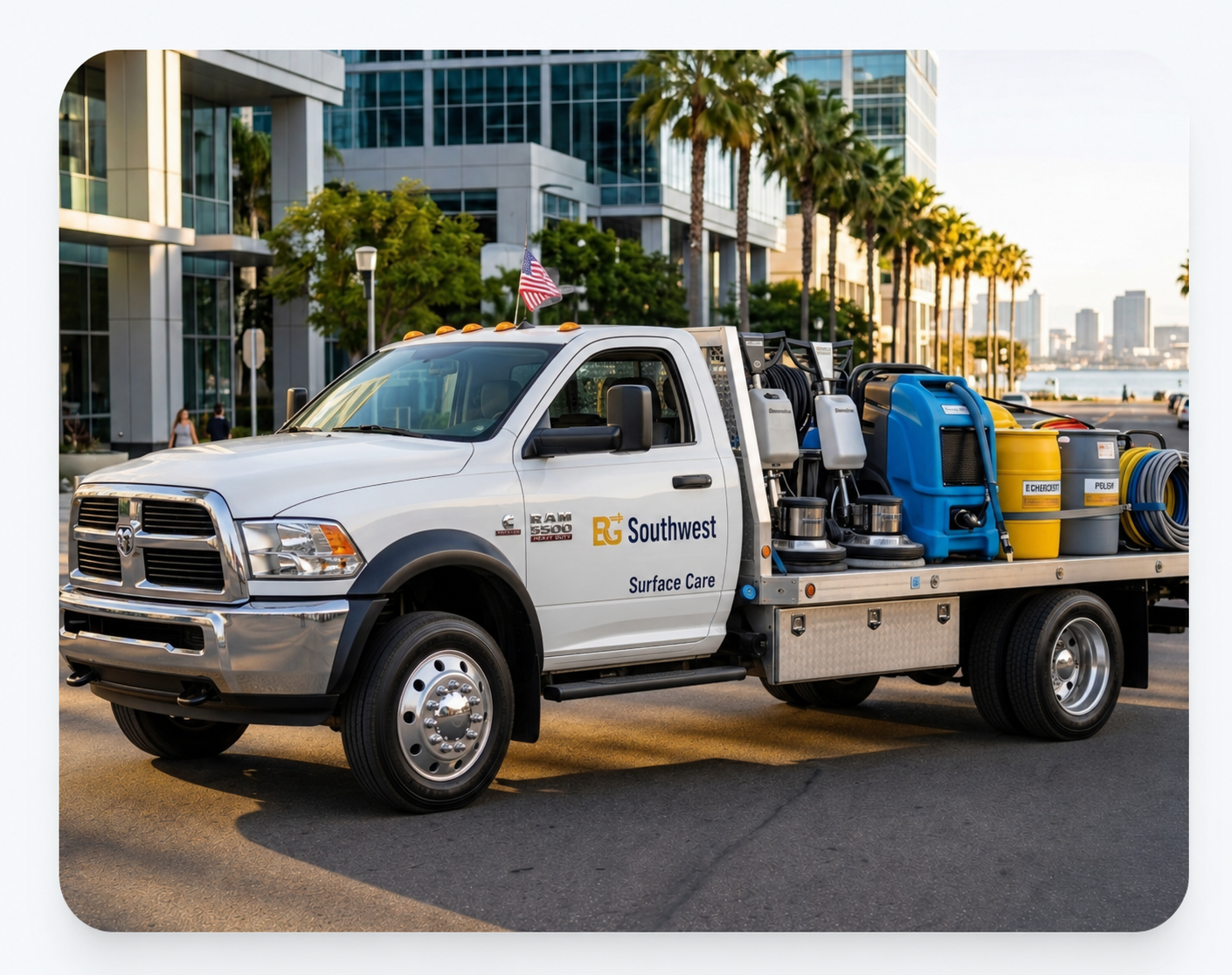 Sleek commercial service van parked in sunny San Diego business district