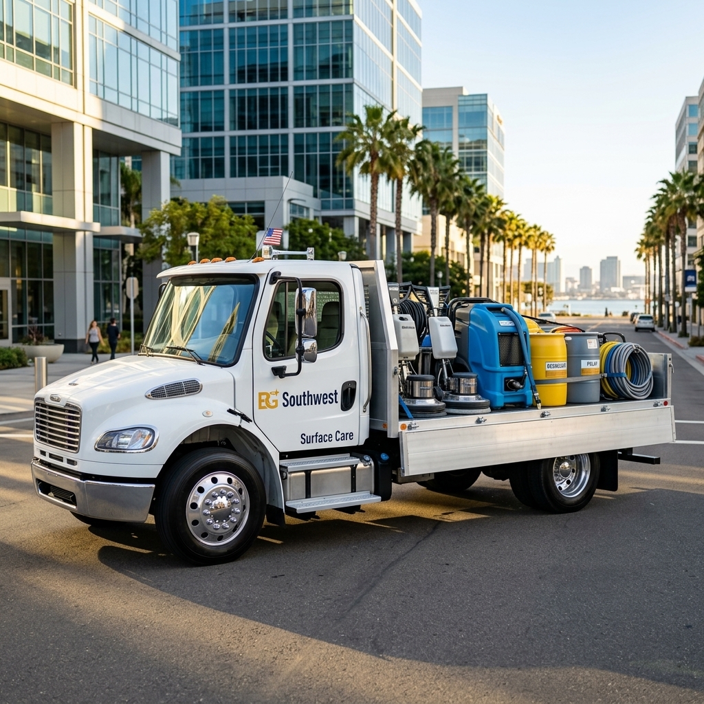 Sleek commercial service van parked in sunny San Diego business district